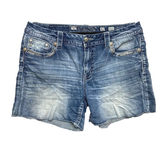 Miss Me Pants - Miss Me Mid-Rise Easy Short Size 32 Blue Denim Embellished Distressed EB447EFH5